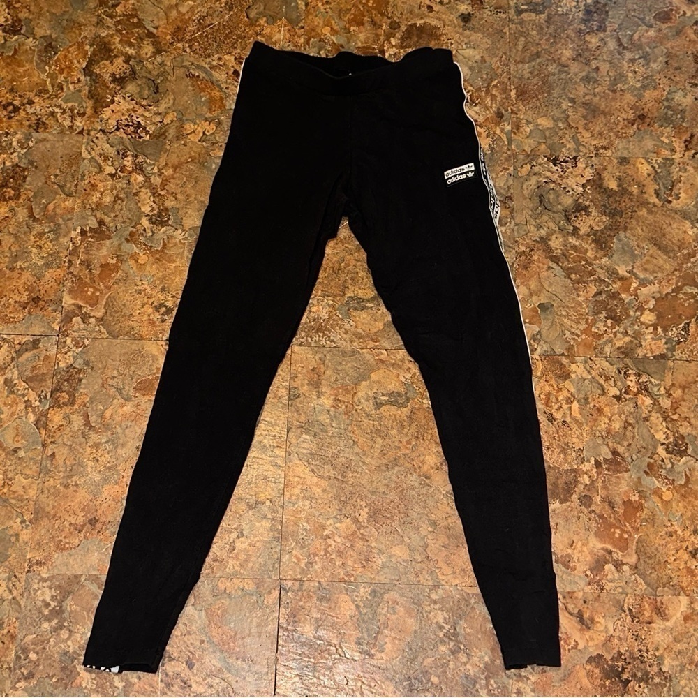 Adidas Girls Athletic Leggings Size Medium Black With Logo White Stripes